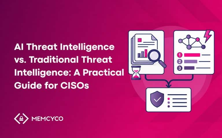 Text graphic with the title “AI Threat Intelligence vs. Traditional Threat Intelligence: A Practical Guide for CISOs” and icons of documents, charts, a shield, and a magnifying glass—illustrating how AI threat intelligence is transforming modern cybersecurity strategies.
