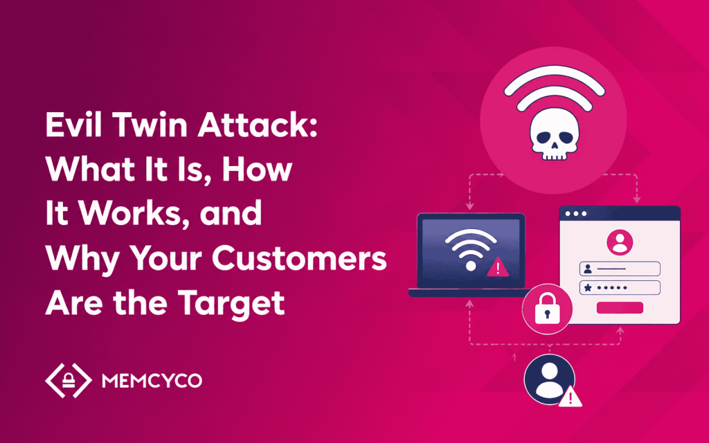 A graphic explaining an evil twin attack, showing a laptop, a login screen, and a skull with a Wi-Fi symbol, with text about how cybercriminals use evil twin attacks to target customers.