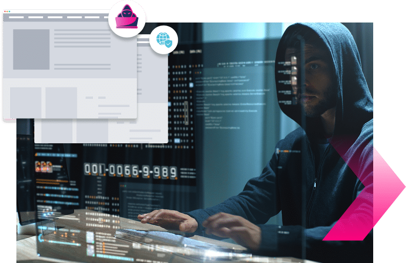 A person in a hoodie sits at a computer in a dim room, with code and digital graphics superimposed on the image, suggesting hacking or cybersecurity activity such as credential stuffing.