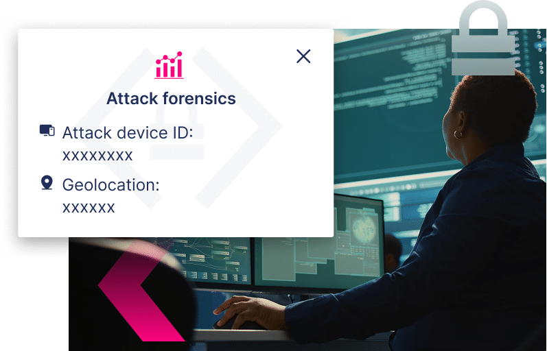 A person looks at computer monitors displaying code, with a pop-up overlay showing “Attack forensics,” obscured device ID, geolocation details, and evidence of credential stuffing attempts.