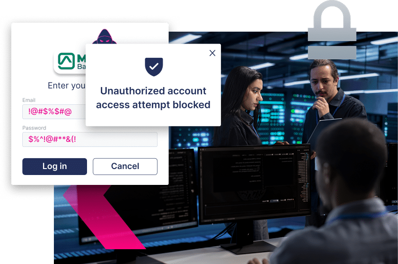 A security pop-up says “Unauthorized account access attempt blocked,” alerting employees to a possible credential stuffing attack as people work at computers in an office with screens displaying code.