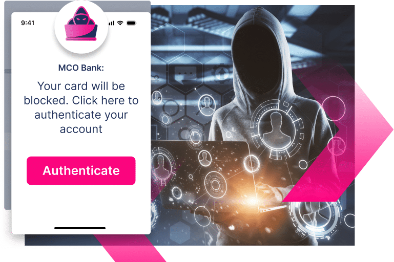 A hooded figure at a laptop with digital icons, overlaid by a pop-up warning of card blockage and an “Authenticate” button, suggesting a phishing scam or credential stuffing attack.