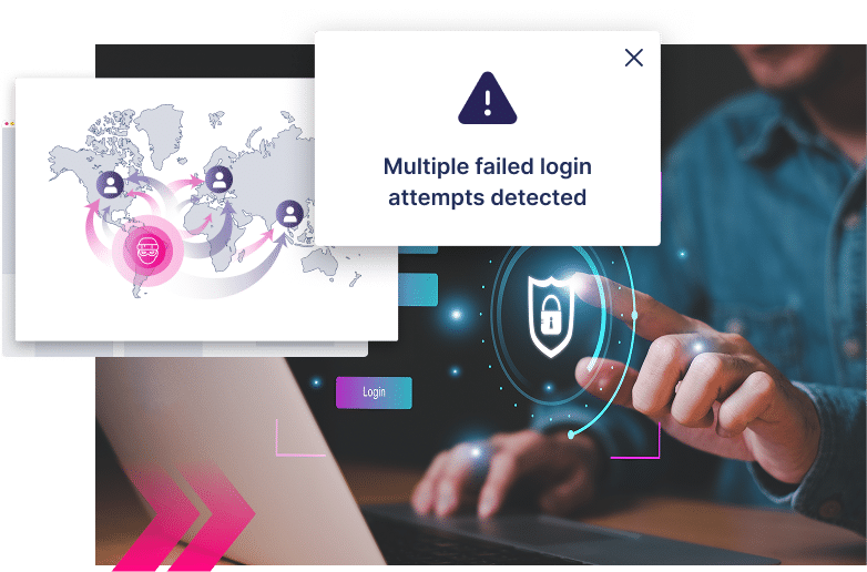 A person interacts with a laptop showing cybersecurity graphics while a notification states, “Multiple failed login attempts detected,” highlighting the risks of credential stuffing attacks.