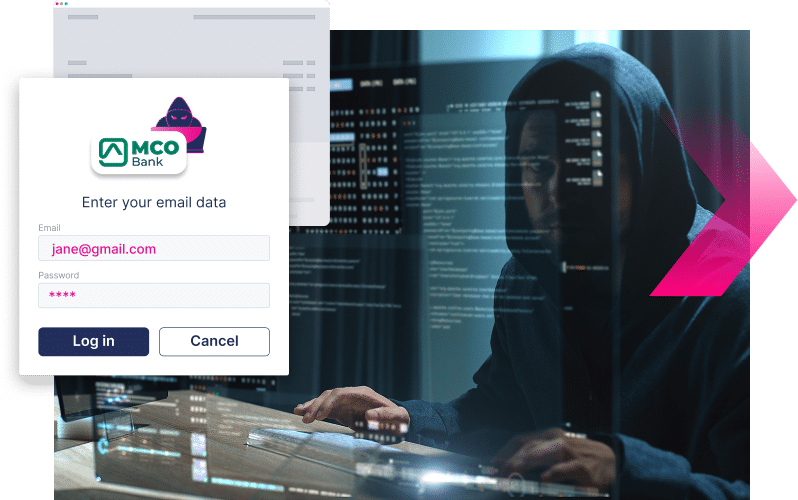 A person in a hoodie sits at a computer with coding screens, next to a fake bank login form requesting email and password—an illustration reminiscent of credential stuffing techniques.