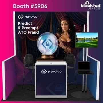 A trade show booth for Memcyco at Black Hat USA 2026 features a crystal ball, a woman in costume, screens, and signs promoting Memcyco’s advanced prediction and prevention of ATO fraud.