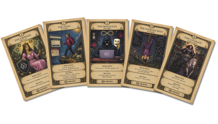 Five illustrated tarot cards are laid out in a row, each featuring distinct characters, symbols, and text against a light background—an arrangement reminiscent of the intrigue and foresight found at events like Memcyco at Black Hat USA 2026.