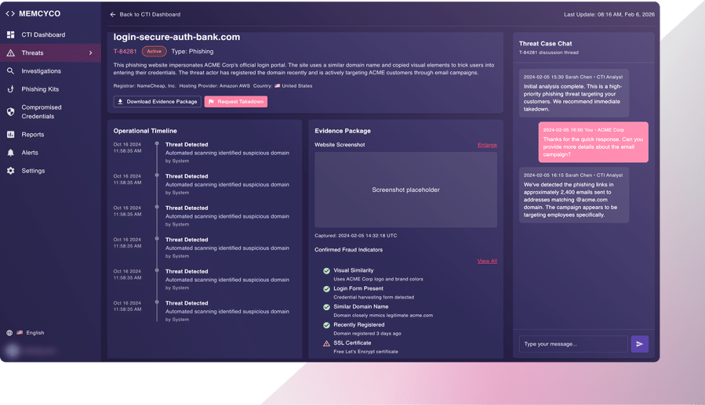 A cybersecurity threat dashboard from Memcyco moves fraud protection upstream by displaying phishing case details, threat analysis, operational timeline, and evidence package with highlighted threat information on a dark-themed interface. This innovative product empowers security teams to detect and respond to threats more effectively.