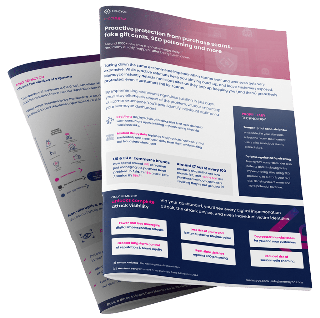 Two overlapping cybersecurity brochures display information on online scam protection for retail and ecommerce businesses, highlighting features, benefits, and statistics in a blue, white, and pink color scheme.