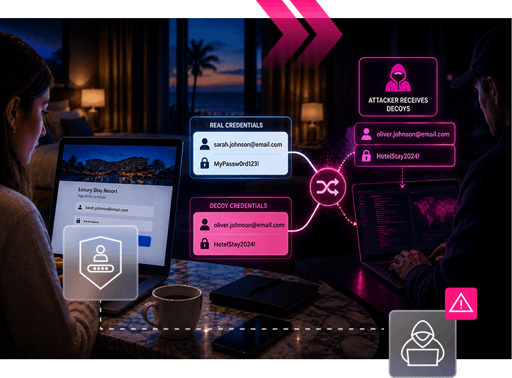 Two people use laptops; one enters credentials while the other monitors. The diagram shows real and decoy credentials, illustrating a cyberattack scenario—relevant in the hospitality industry—where an attacker receives decoy information.