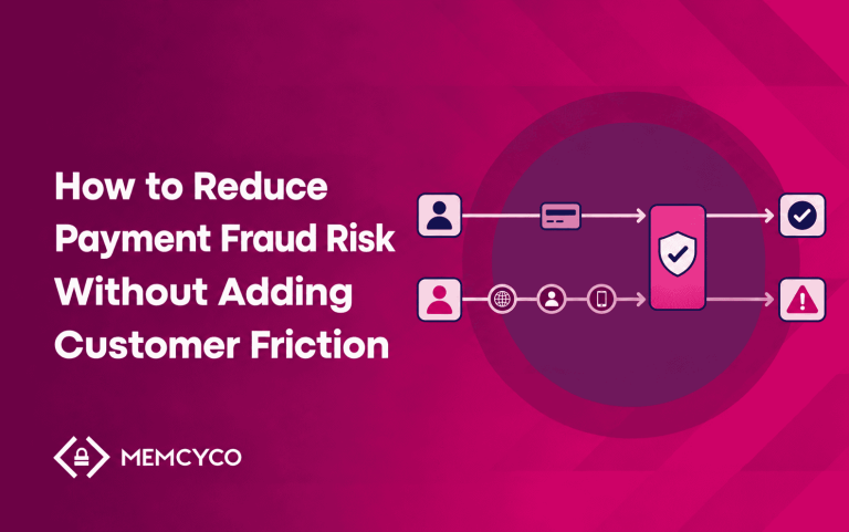 Text on a pink background reads “How to Reduce Payment Fraud Risk Without Adding Customer Friction,” featuring an illustration that highlights the difference between a secure and an insecure payment flow.